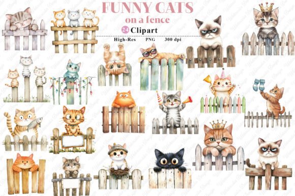 Watercolor Funny Cats on Fence Clipart Review
